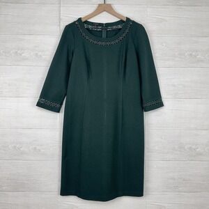 Talbots Sheath Dress Women Size 10 Green Crochet Neck 3/4 Sleeves Stretch